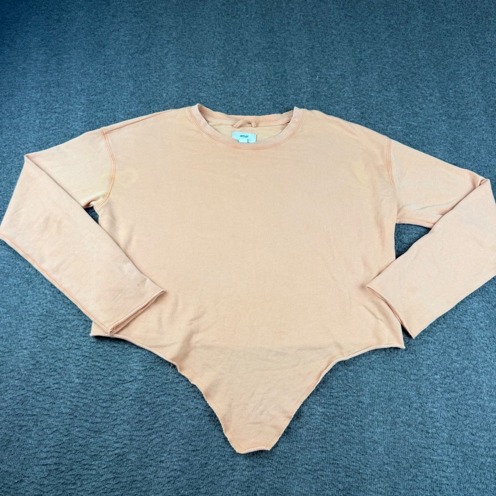 Aerie Bodysuit Women's XS Peach Long Sleeve Raw Hem V-Cut French Terry Cotton